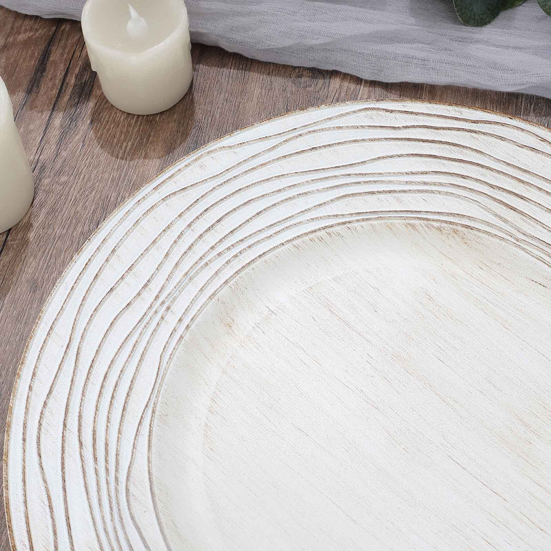 6 Round 13" Rustic Wooden Plastic Charger Plates with Rose Embossed Rim - White Washed CHRG_PLST0015W_WHT