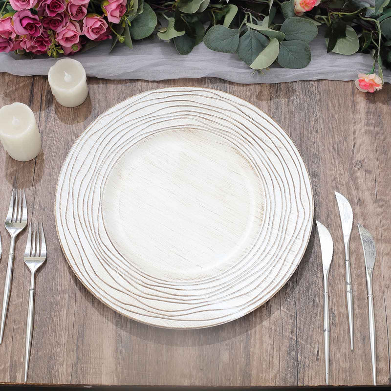 6 Round 13" Rustic Wooden Plastic Charger Plates with Rose Embossed Rim - White Washed CHRG_PLST0015W_WHT