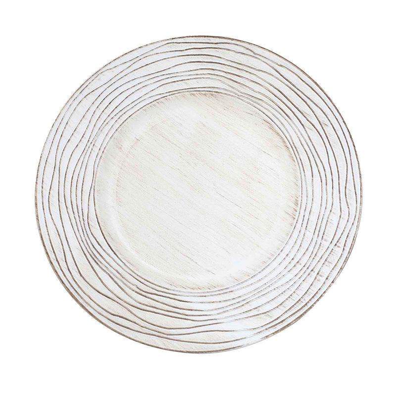 6 Round 13" Rustic Wooden Plastic Charger Plates with Rose Embossed Rim - White Washed CHRG_PLST0015W_WHT