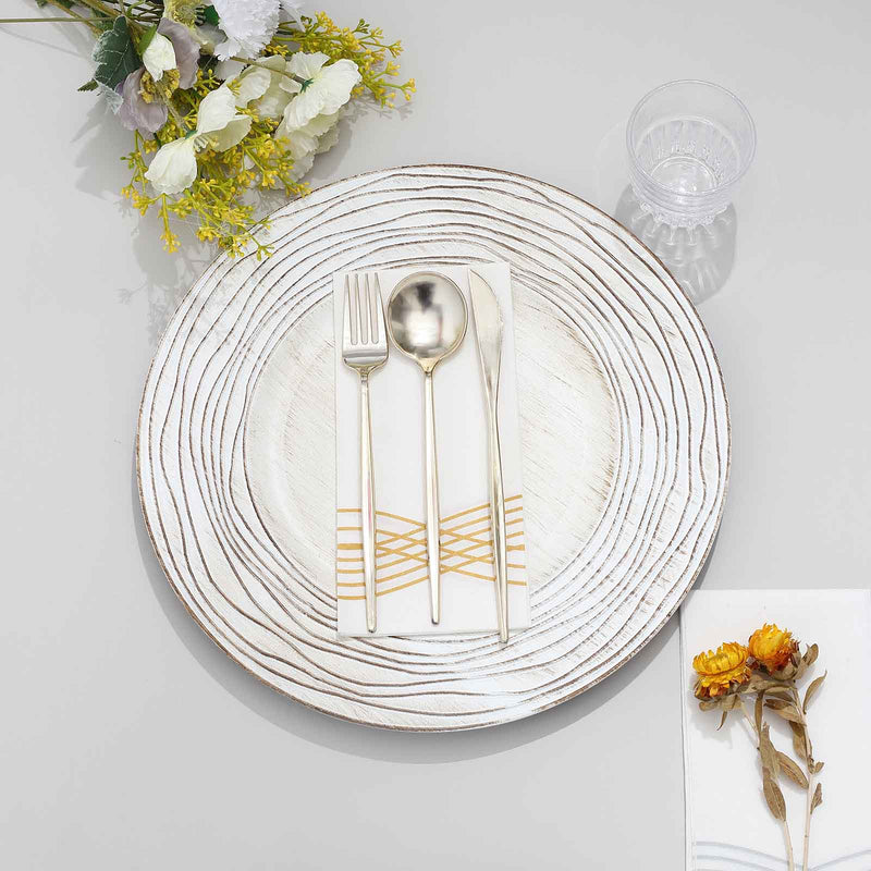 6 Round 13" Rustic Wooden Plastic Charger Plates with Rose Embossed Rim - White Washed CHRG_PLST0015W_WHT