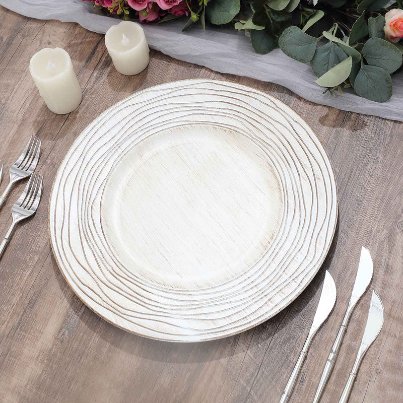 6 Round 13" Rustic Wooden Plastic Charger Plates with Rose Embossed Rim - White Washed CHRG_PLST0015W_WHT