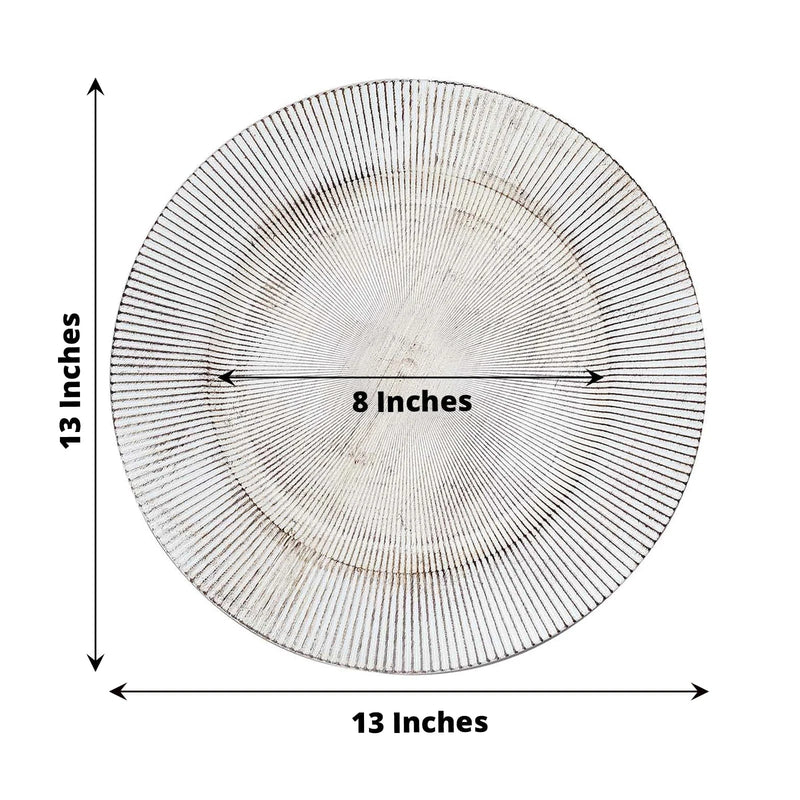 6 Round 13" Rustic Wooden Plastic Charger Plates with Sunray Design - White Washed CHRG_PLST0014W_WHT