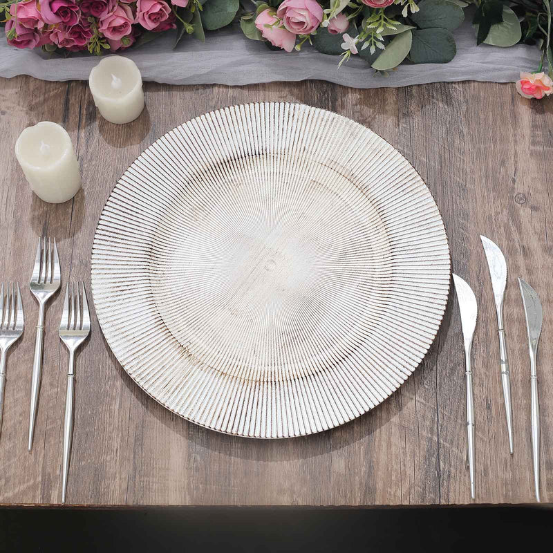 6 Round 13" Rustic Wooden Plastic Charger Plates with Sunray Design - White Washed CHRG_PLST0014W_WHT