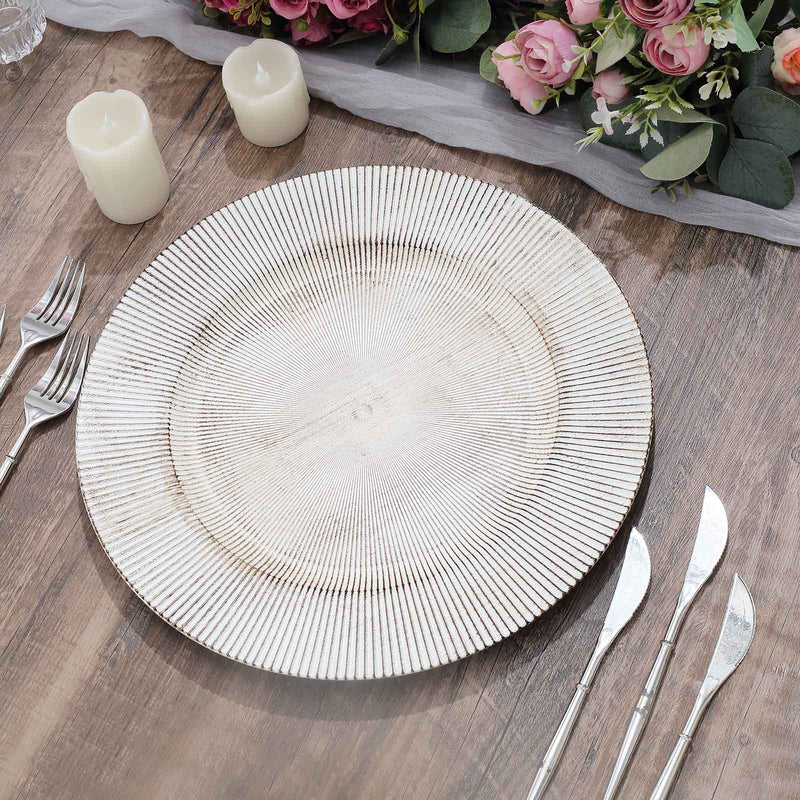 6 Round 13" Rustic Wooden Plastic Charger Plates with Sunray Design - White Washed CHRG_PLST0014W_WHT