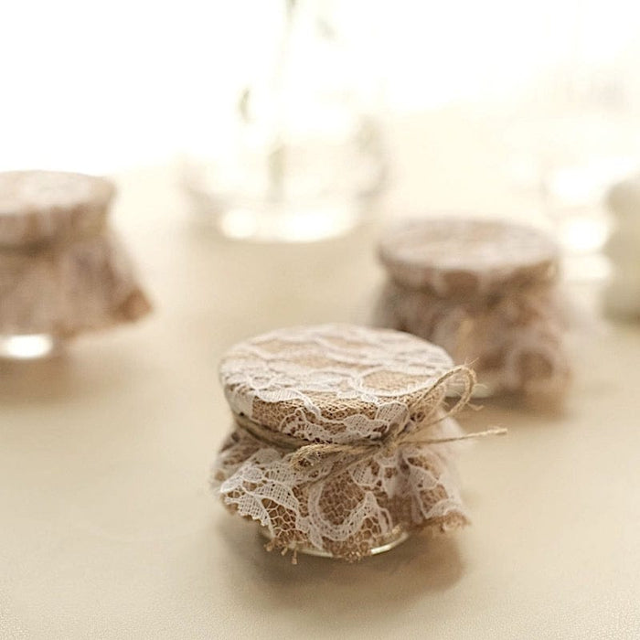 6 Round 6" Rustic Burlap and Lace Jar Covers with Jute String - Natural and White FAV_FAB_JUTE02_6_NAT