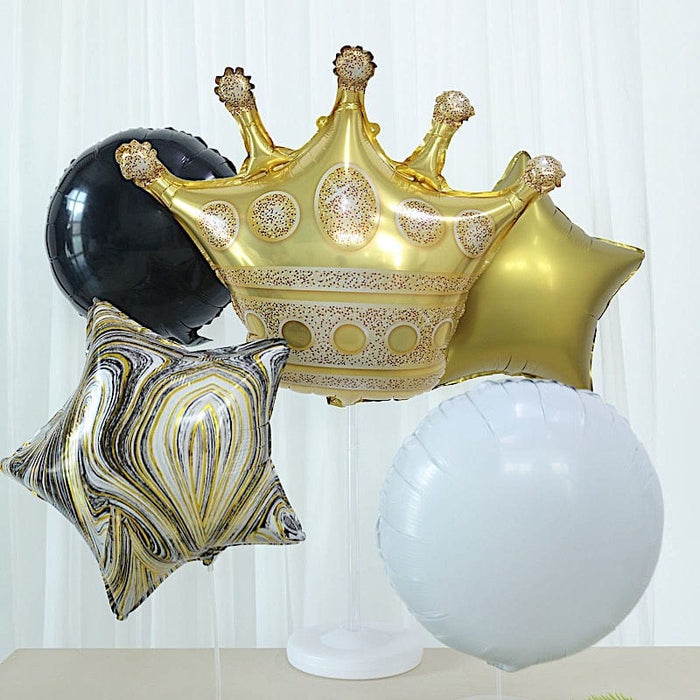 6 Round Crown and Star Mylar Foil Balloons Set - White Gold Black BLOON_KIT08_CRWN_GOLD