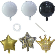 6 Round Crown and Star Mylar Foil Balloons Set - White Gold Black BLOON_KIT08_CRWN_GOLD