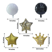 6 Round Crown and Star Mylar Foil Balloons Set - White Gold Black BLOON_KIT08_CRWN_GOLD