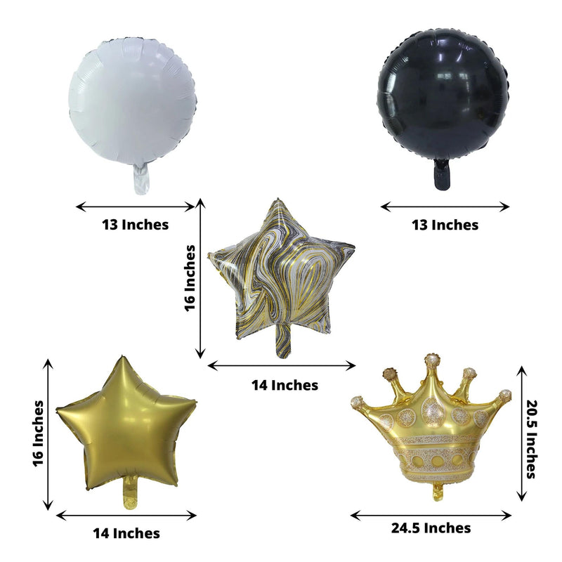 6 Round Crown and Star Mylar Foil Balloons Set - White Gold Black BLOON_KIT08_CRWN_GOLD
