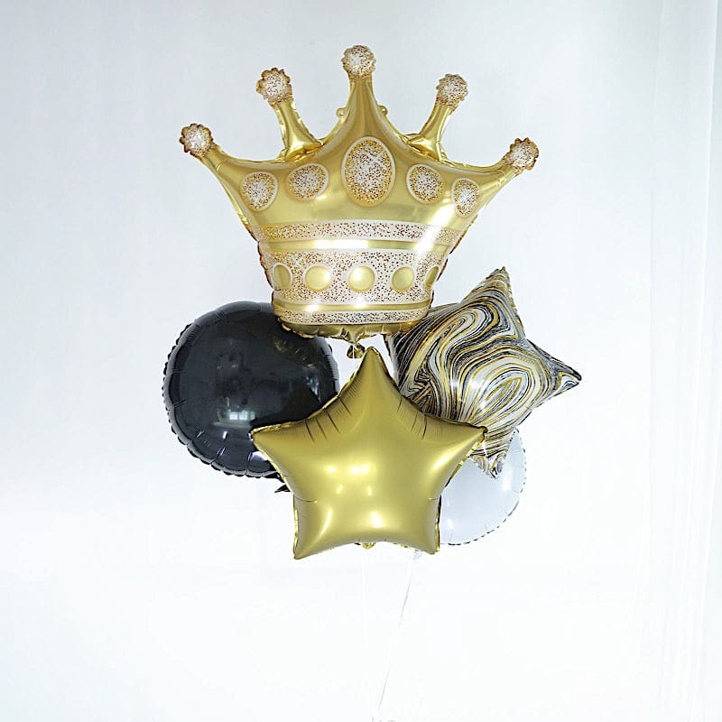 6 Round Crown and Star Mylar Foil Balloons Set - White Gold Black BLOON_KIT08_CRWN_GOLD