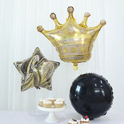 6 Round Crown and Star Mylar Foil Balloons Set - White Gold Black BLOON_KIT08_CRWN_GOLD
