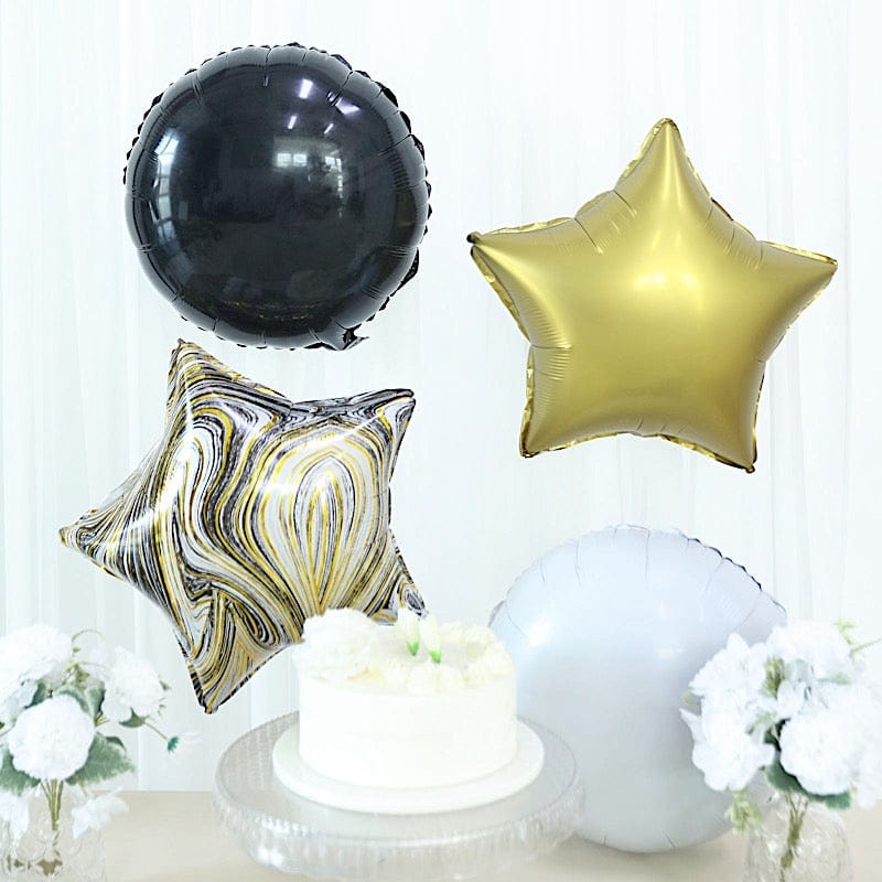6 Round Crown and Star Mylar Foil Balloons Set - White Gold Black BLOON_KIT08_CRWN_GOLD