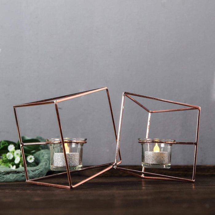 6" tall 2 Jointed Geometric Stand with Glass Votive Candle Holders