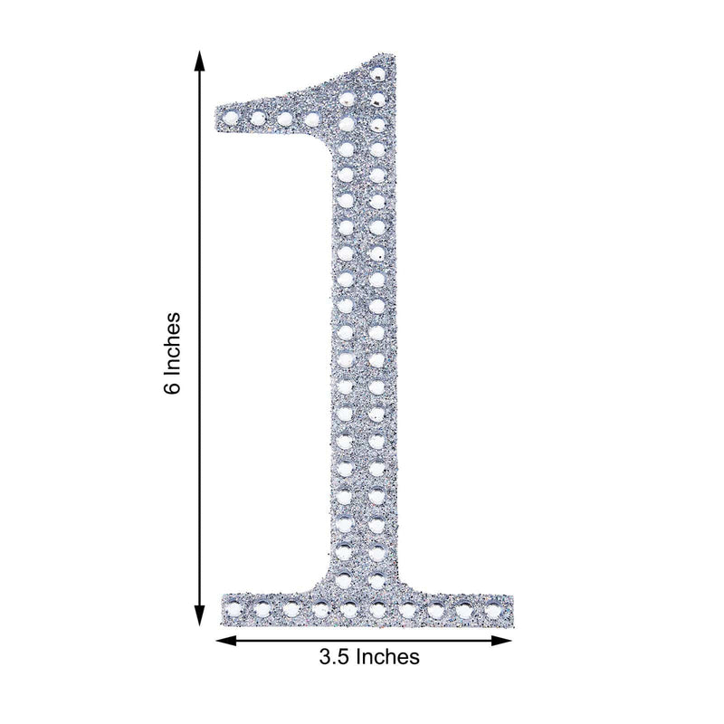 6" tall Number Self-Adhesive Rhinestones Gem Stickers - Silver