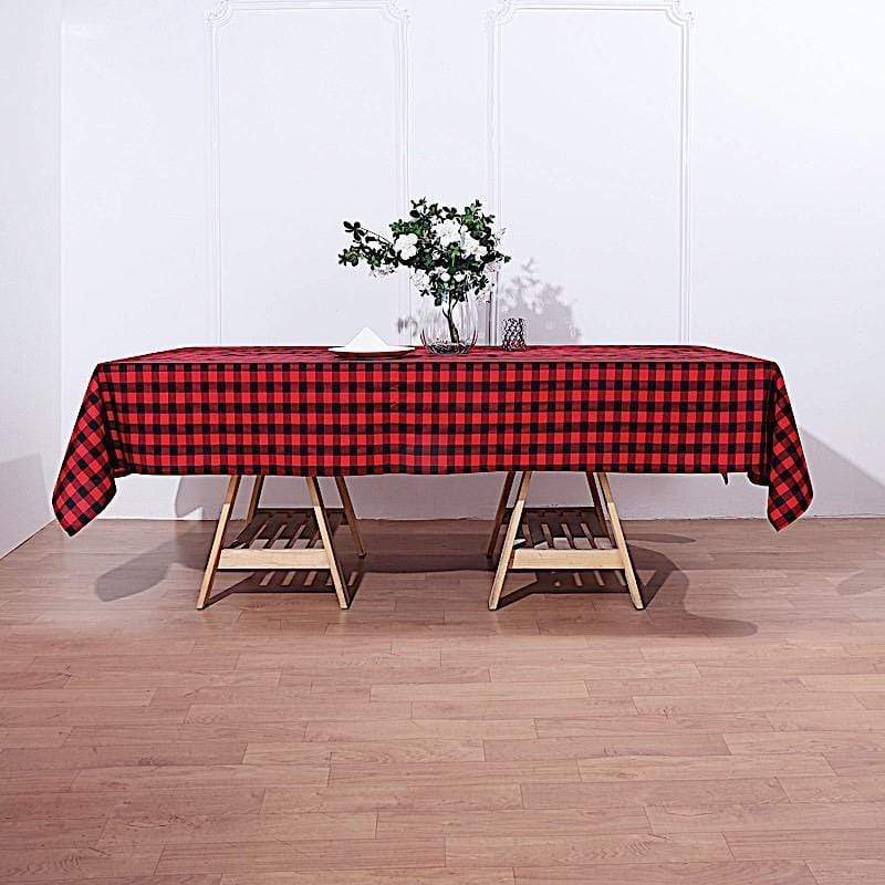 60" x 102" Checkered Gingham Polyester Tablecloth - Black and Red TAB_CHK60102_BLKRED