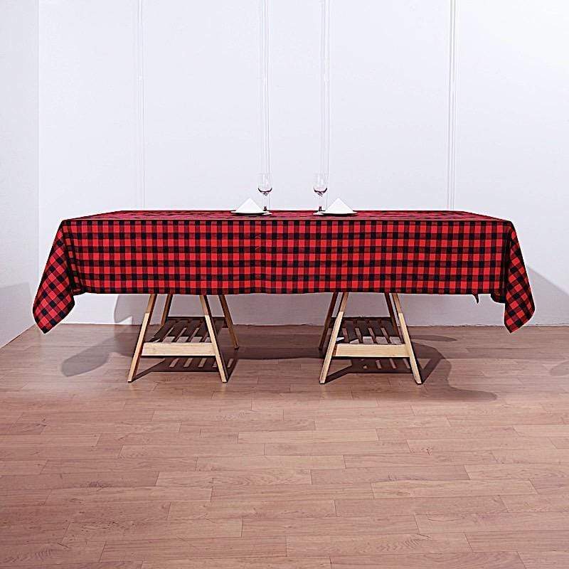60" x 102" Checkered Gingham Polyester Tablecloth - Black and Red TAB_CHK60102_BLKRED