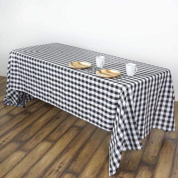 60" x 102" Checkered Gingham Polyester Tablecloth - Black and White TAB_CHK60102_BLK