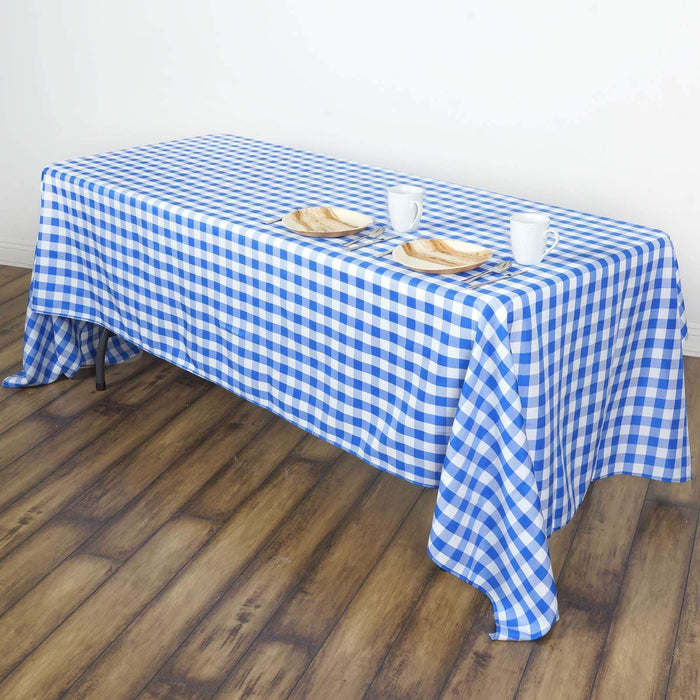 60" x 102" Checkered Gingham Polyester Tablecloth - Blue and White TAB_CHK60102_BLUE
