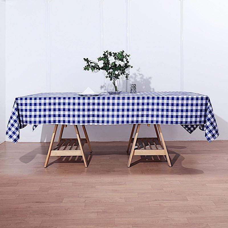 60" x 102" Checkered Gingham Polyester Tablecloth - Navy Blue and White TAB_CHK60102_NAVY