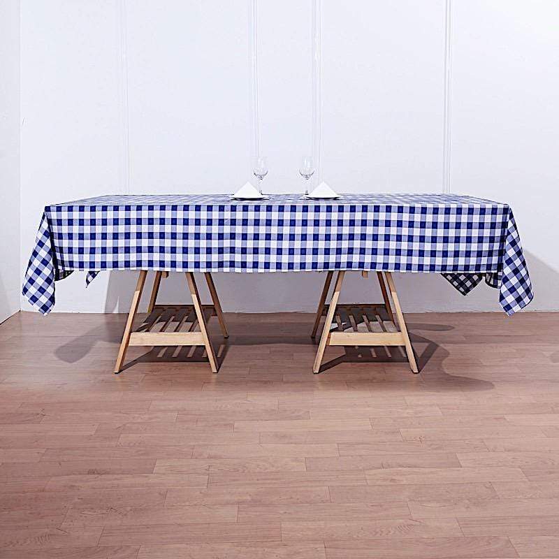 60" x 102" Checkered Gingham Polyester Tablecloth - Navy Blue and White TAB_CHK60102_NAVY
