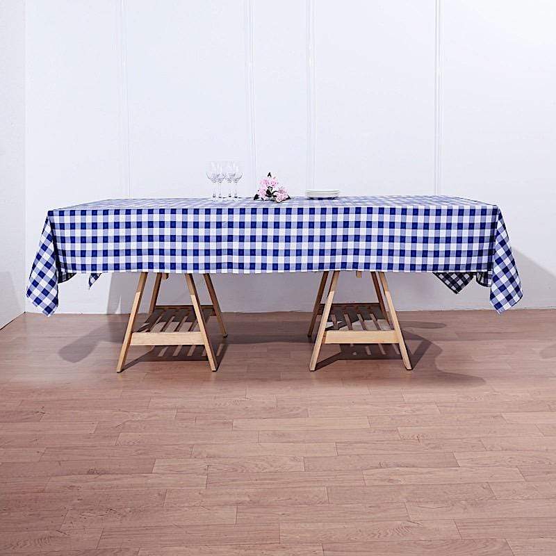 60" x 102" Checkered Gingham Polyester Tablecloth - Navy Blue and White TAB_CHK60102_NAVY