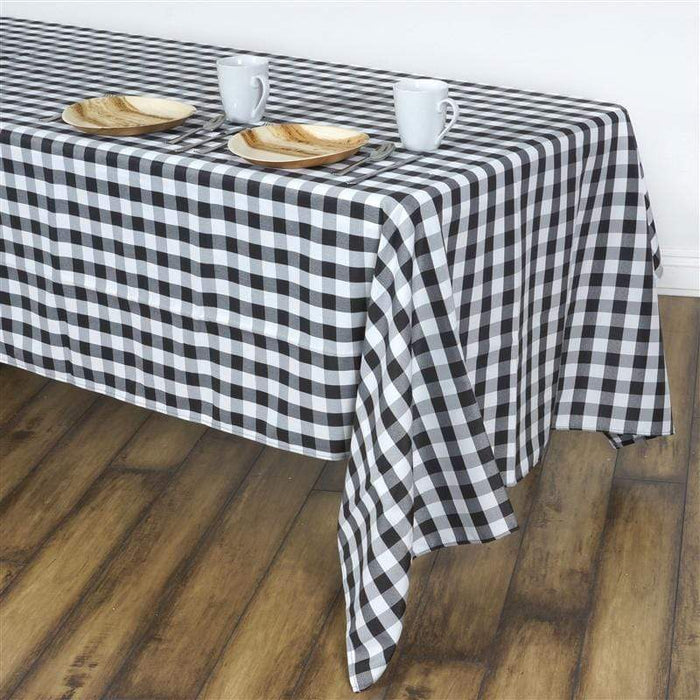 60" x 102" Checkered Gingham Polyester Tablecloth - Black and White TAB_CHK60102_BLK
