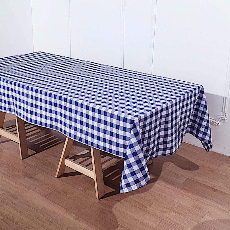 60" x 102" Checkered Gingham Polyester Tablecloth - Navy Blue and White TAB_CHK60102_NAVY