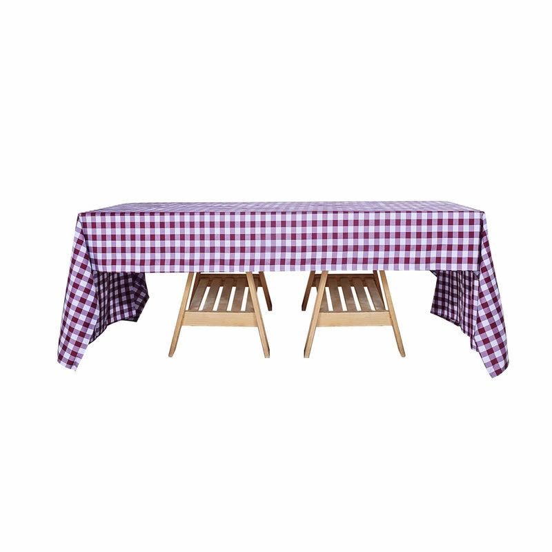60" x 126" Checkered Gingham Polyester Tablecloth - Burgundy and White TAB_CHK60126_BURG