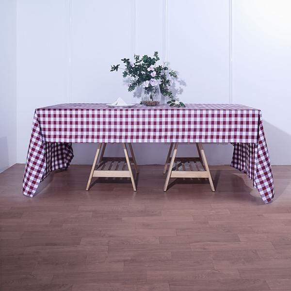 60" x 126" Checkered Gingham Polyester Tablecloth - Burgundy and White TAB_CHK60126_BURG