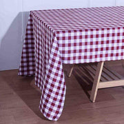 60" x 126" Checkered Gingham Polyester Tablecloth - Burgundy and White TAB_CHK60126_BURG