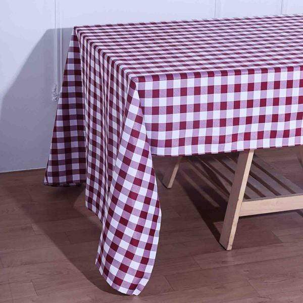 60" x 126" Checkered Gingham Polyester Tablecloth - Burgundy and White TAB_CHK60126_BURG