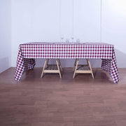 60" x 126" Checkered Gingham Polyester Tablecloth - Burgundy and White TAB_CHK60126_BURG