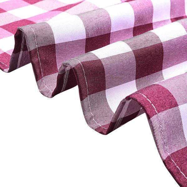 60" x 126" Checkered Gingham Polyester Tablecloth - Burgundy and White TAB_CHK60126_BURG