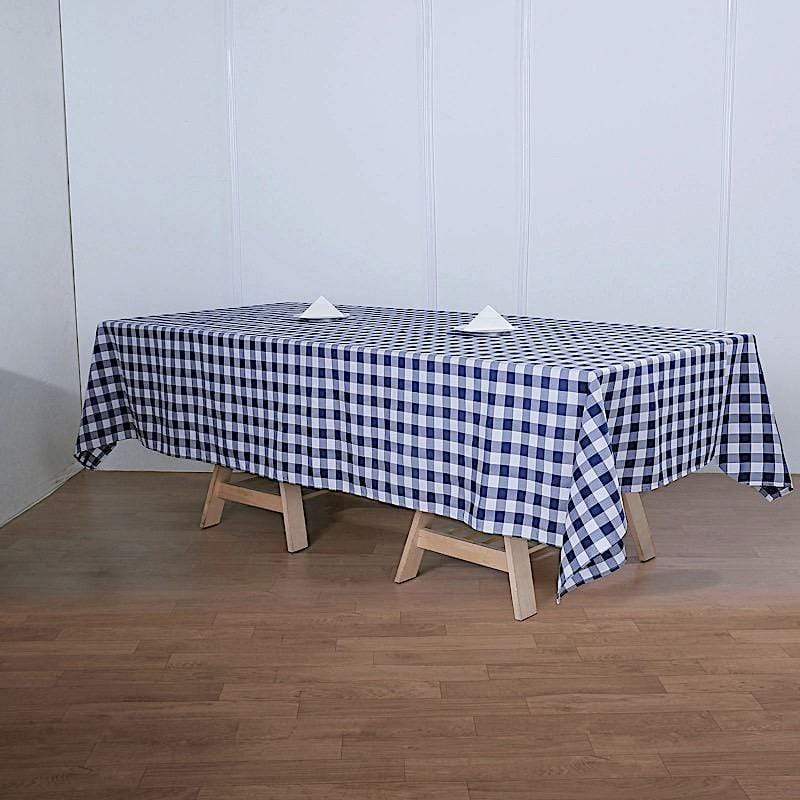 60" x 126" Checkered Gingham Polyester Tablecloth - Navy Blue and White TAB_CHK60126_NAVY