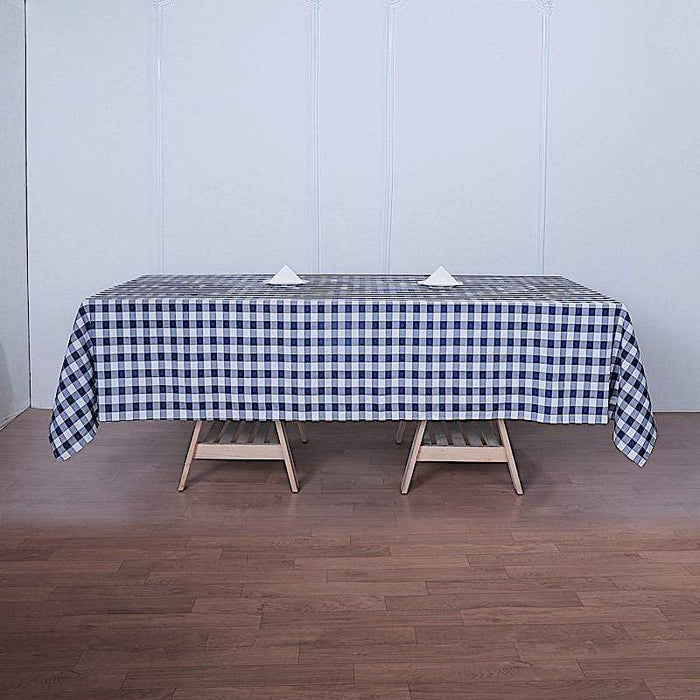60" x 126" Checkered Gingham Polyester Tablecloth - Navy Blue and White TAB_CHK60126_NAVY