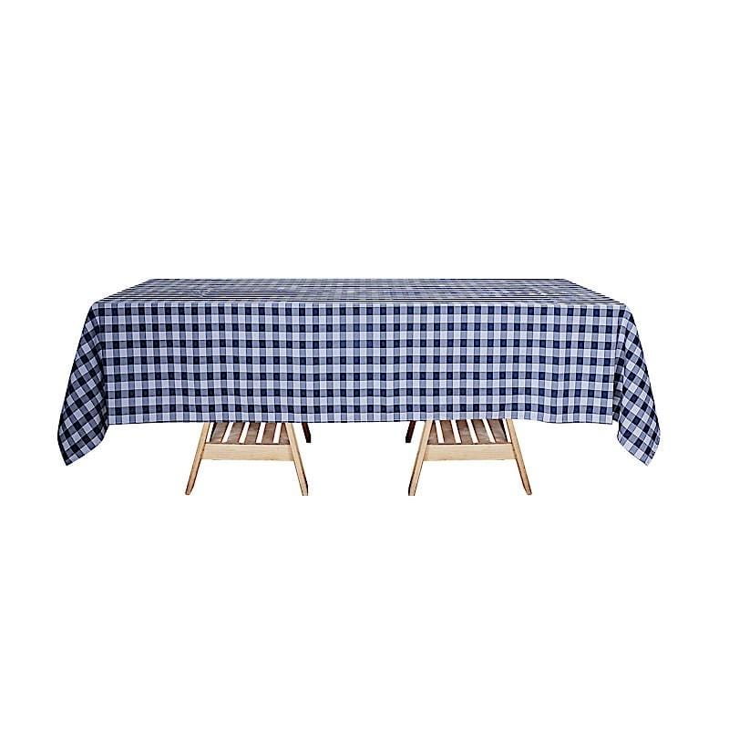 60" x 126" Checkered Gingham Polyester Tablecloth - Navy Blue and White TAB_CHK60126_NAVY