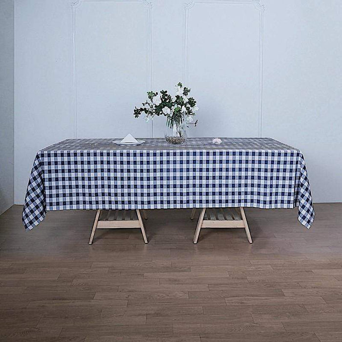 60" x 126" Checkered Gingham Polyester Tablecloth - Navy Blue and White TAB_CHK60126_NAVY
