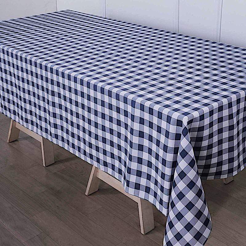60" x 126" Checkered Gingham Polyester Tablecloth - Navy Blue and White TAB_CHK60126_NAVY