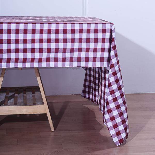 60" x 126" Checkered Gingham Polyester Tablecloth - Burgundy and White TAB_CHK60126_BURG