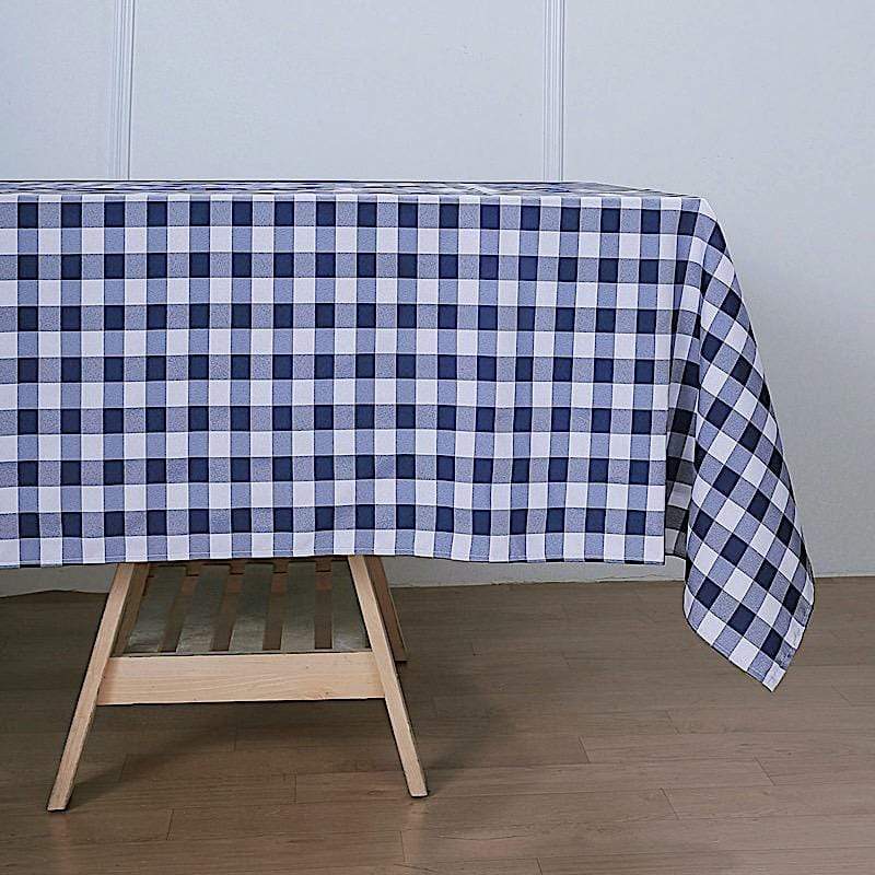 60" x 126" Checkered Gingham Polyester Tablecloth - Navy Blue and White TAB_CHK60126_NAVY