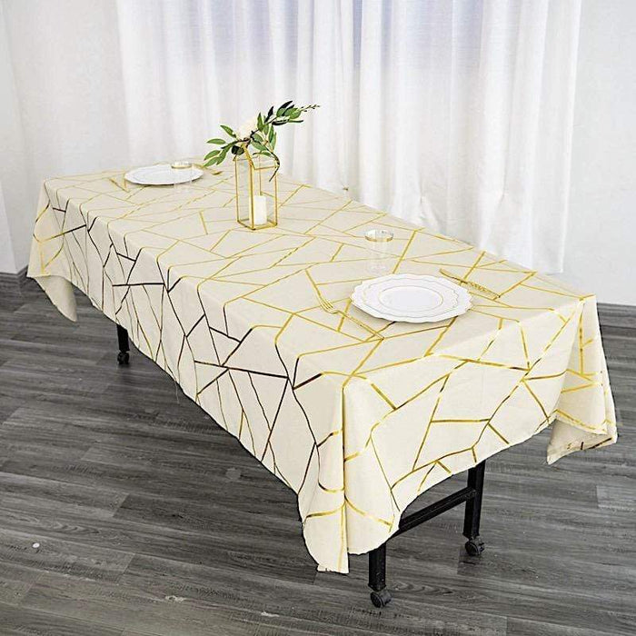 60"x102" Polyester Rectangular Tablecloth with Metallic Geometric Pattern - Beige with Gold TAB_FOIL_60102_081_G