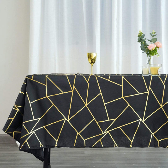 60"x102" Polyester Rectangular Tablecloth with Metallic Geometric Pattern - Black with Gold TAB_FOIL_60102_BLK_G