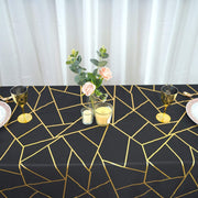60"x102" Polyester Rectangular Tablecloth with Metallic Geometric Pattern - Black with Gold TAB_FOIL_60102_BLK_G