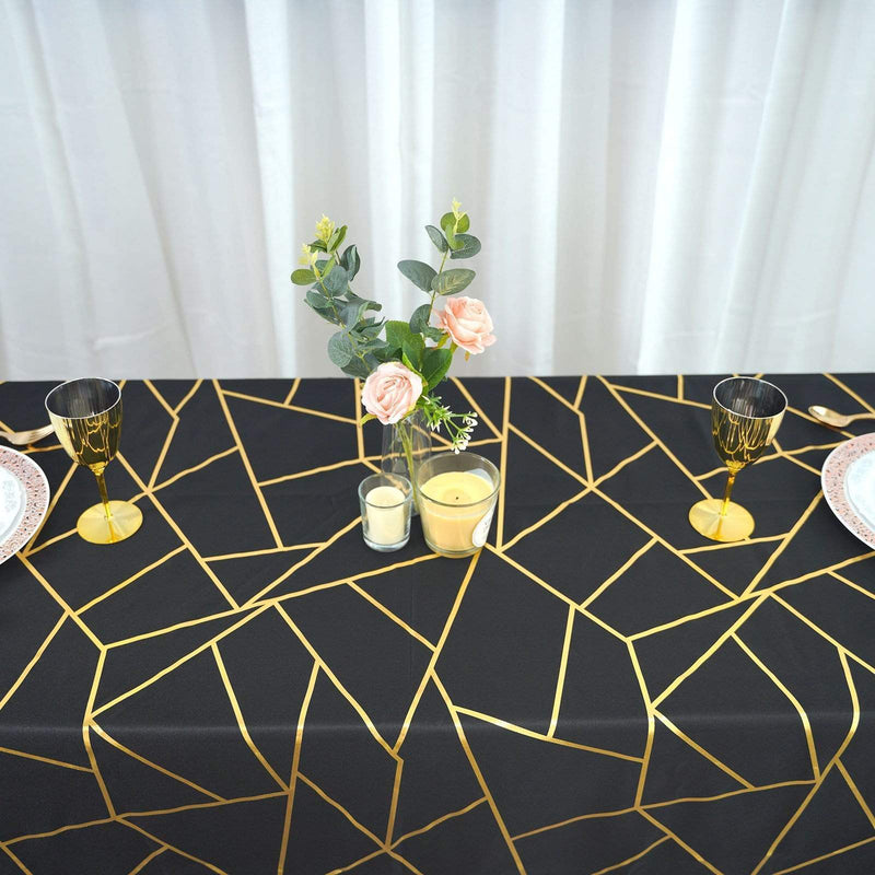 60"x102" Polyester Rectangular Tablecloth with Metallic Geometric Pattern - Black with Gold TAB_FOIL_60102_BLK_G