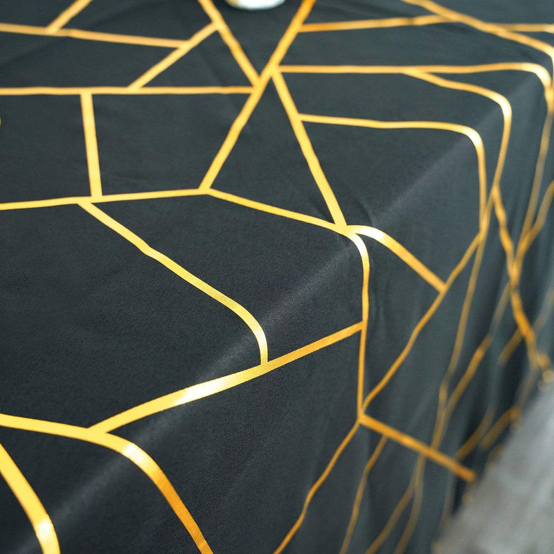 60"x102" Polyester Rectangular Tablecloth with Metallic Geometric Pattern - Black with Gold TAB_FOIL_60102_BLK_G