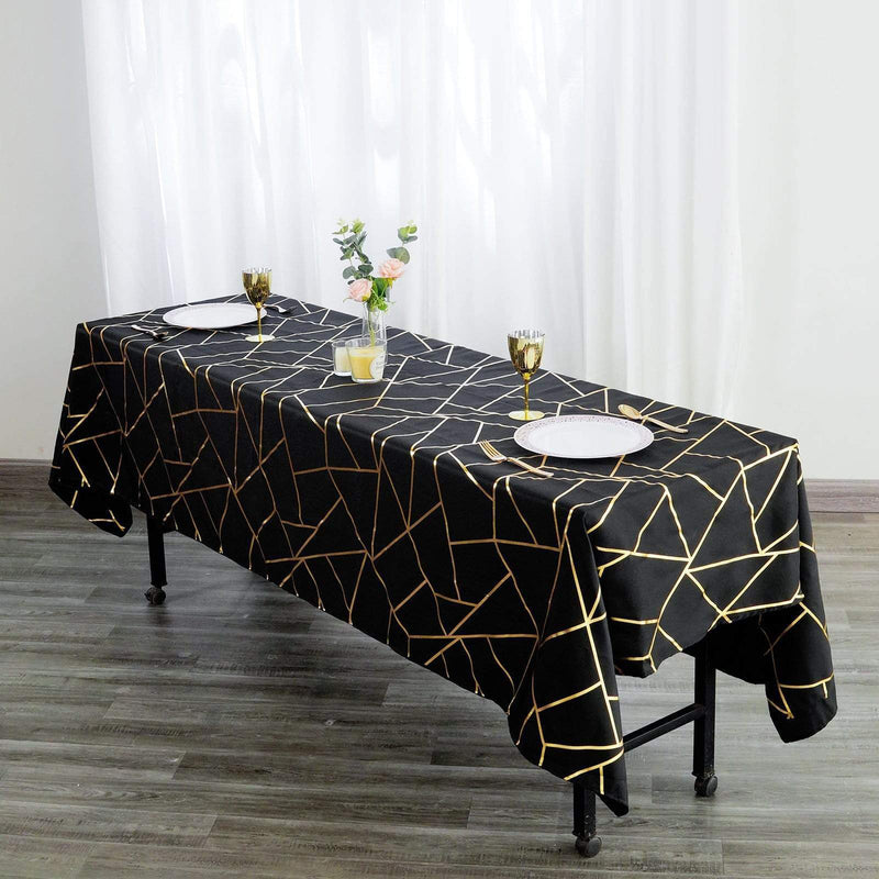 60"x102" Polyester Rectangular Tablecloth with Metallic Geometric Pattern - Black with Gold TAB_FOIL_60102_BLK_G