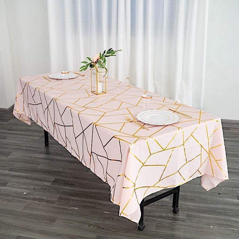 60"x102" Polyester Rectangular Tablecloth with Metallic Geometric Pattern - Blush with Gold TAB_FOIL_60102_046_G