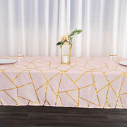 60"x102" Polyester Rectangular Tablecloth with Metallic Geometric Pattern - Blush with Gold TAB_FOIL_60102_046_G