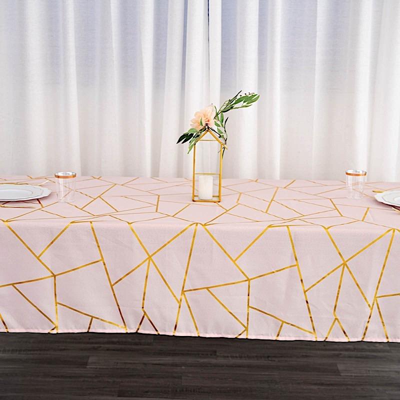 60"x102" Polyester Rectangular Tablecloth with Metallic Geometric Pattern - Blush with Gold TAB_FOIL_60102_046_G