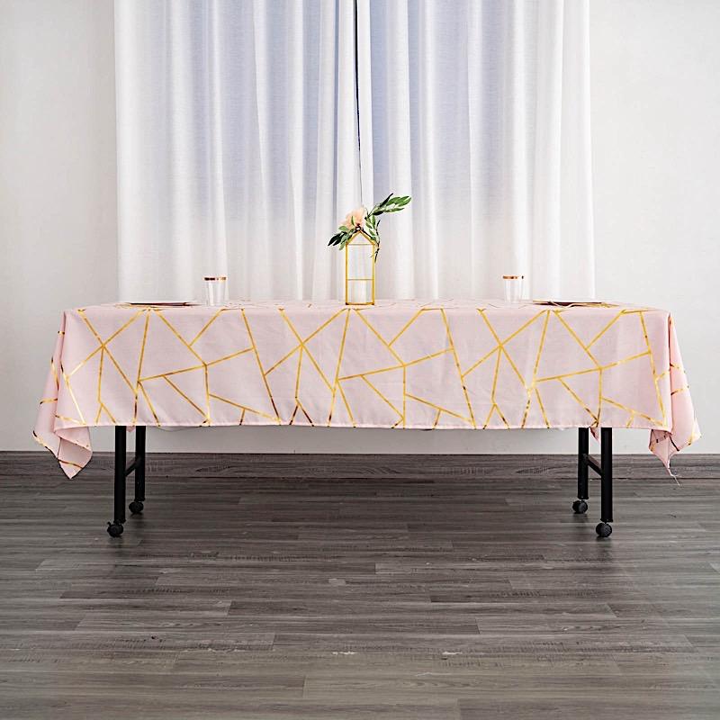 60"x102" Polyester Rectangular Tablecloth with Metallic Geometric Pattern - Blush with Gold TAB_FOIL_60102_046_G